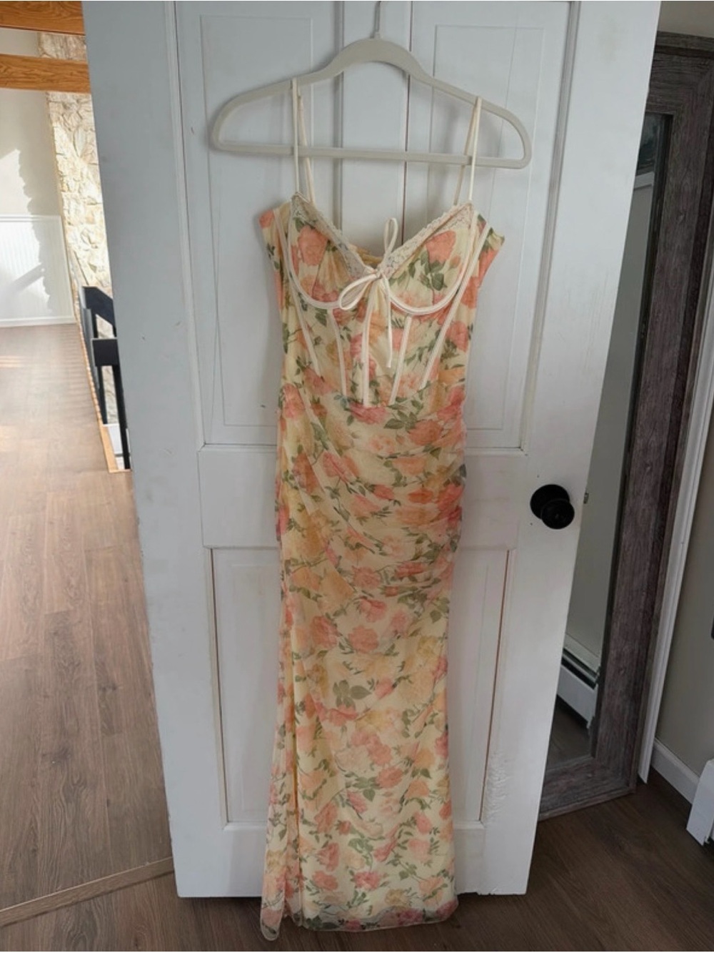 Peach Floral Print Mesh Maxi Dress